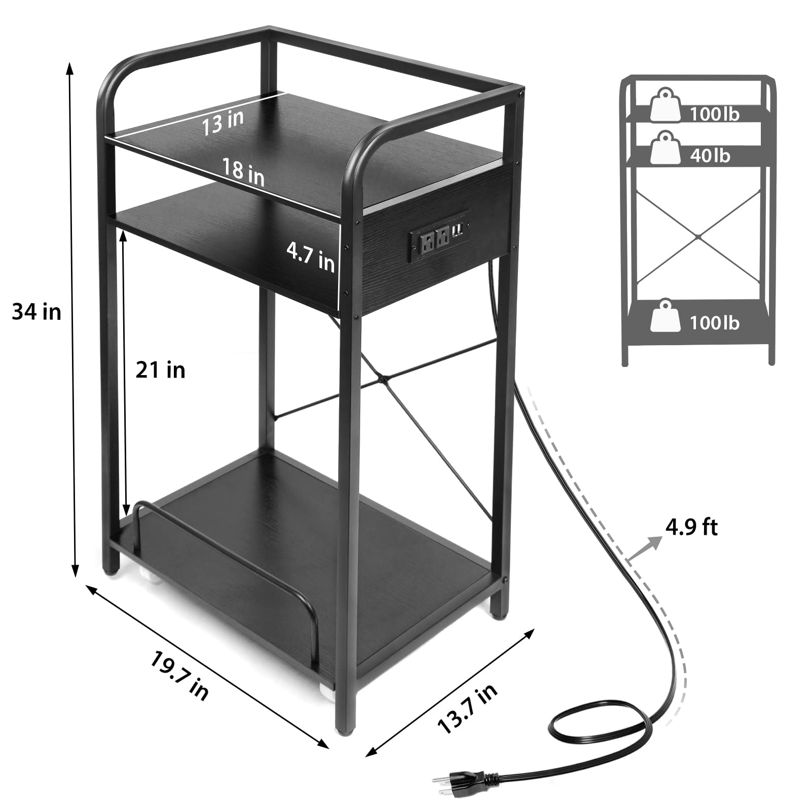 3-Tier Printer and Shredder Stand with Pull Out Shelf, 20" L x 14" W x 34" H Floor-Standing Printer Shredder Stand with Power Outlet, Printer Stand with Shredder Storage, Office Storage Rack