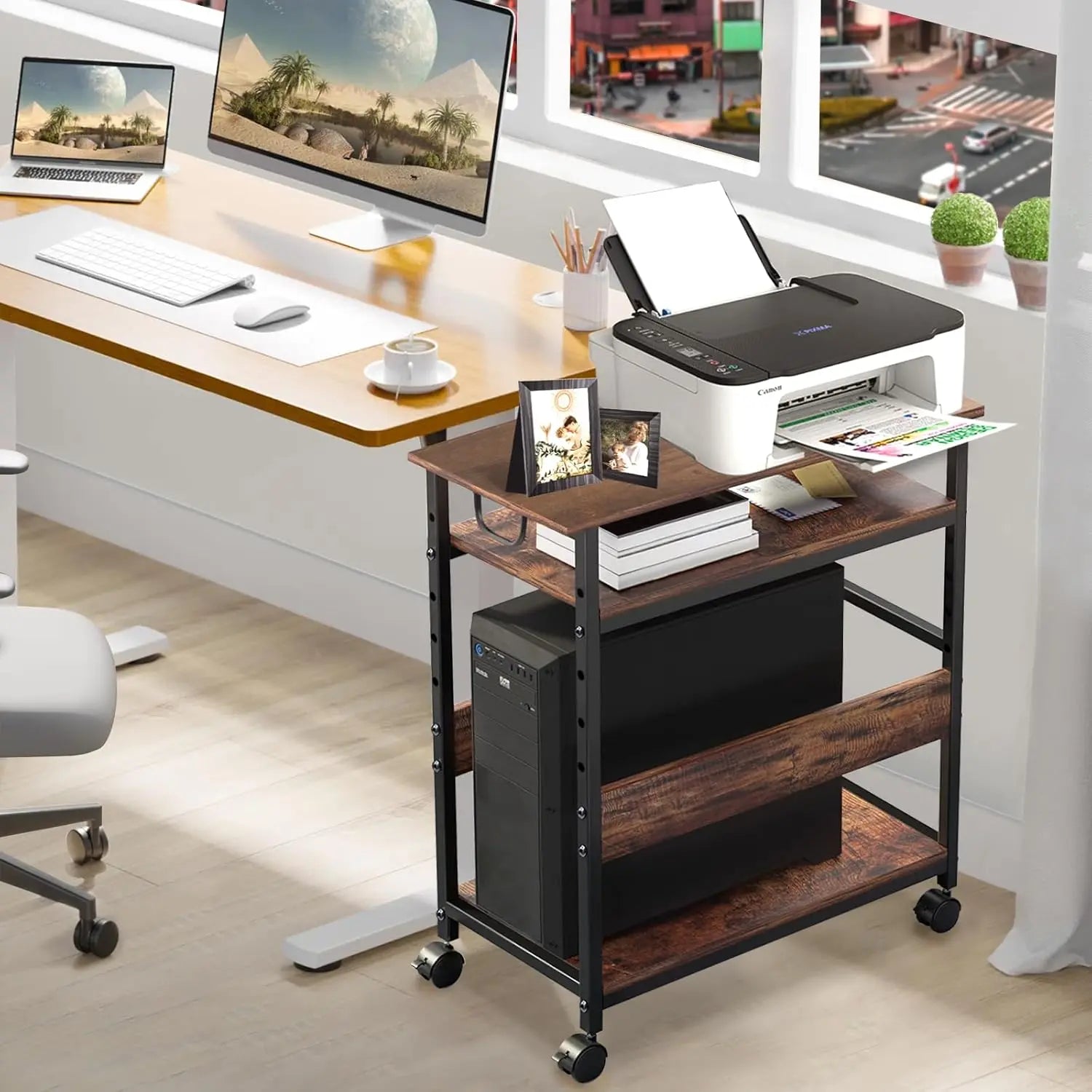 Adjustable 3-Tier Rolling Computer Tower Stand with Storage Shelf
