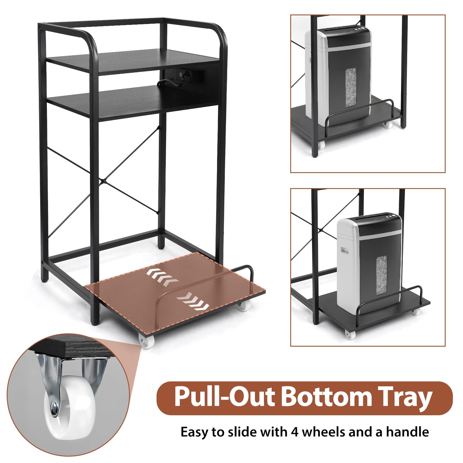 3-Tier Printer and Shredder Stand with Pull Out Shelf, 20" L x 14" W x 34" H Floor-Standing Printer Shredder Stand with Power Outlet, Printer Stand with Shredder Storage, Office Storage Rack