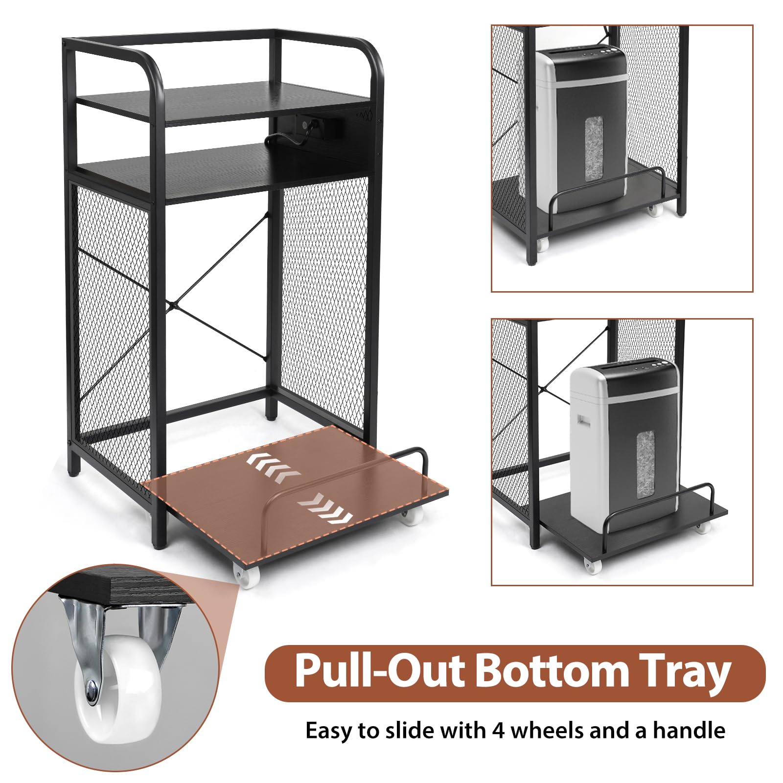 3-Tier Printer and Shredder Stand with Pull Out Shelf, 20" L x 14" W x 34" H Floor-Standing Printer Shredder Stand with Power Outlet, Printer Stand with Shredder Storage, Office Storage Rack