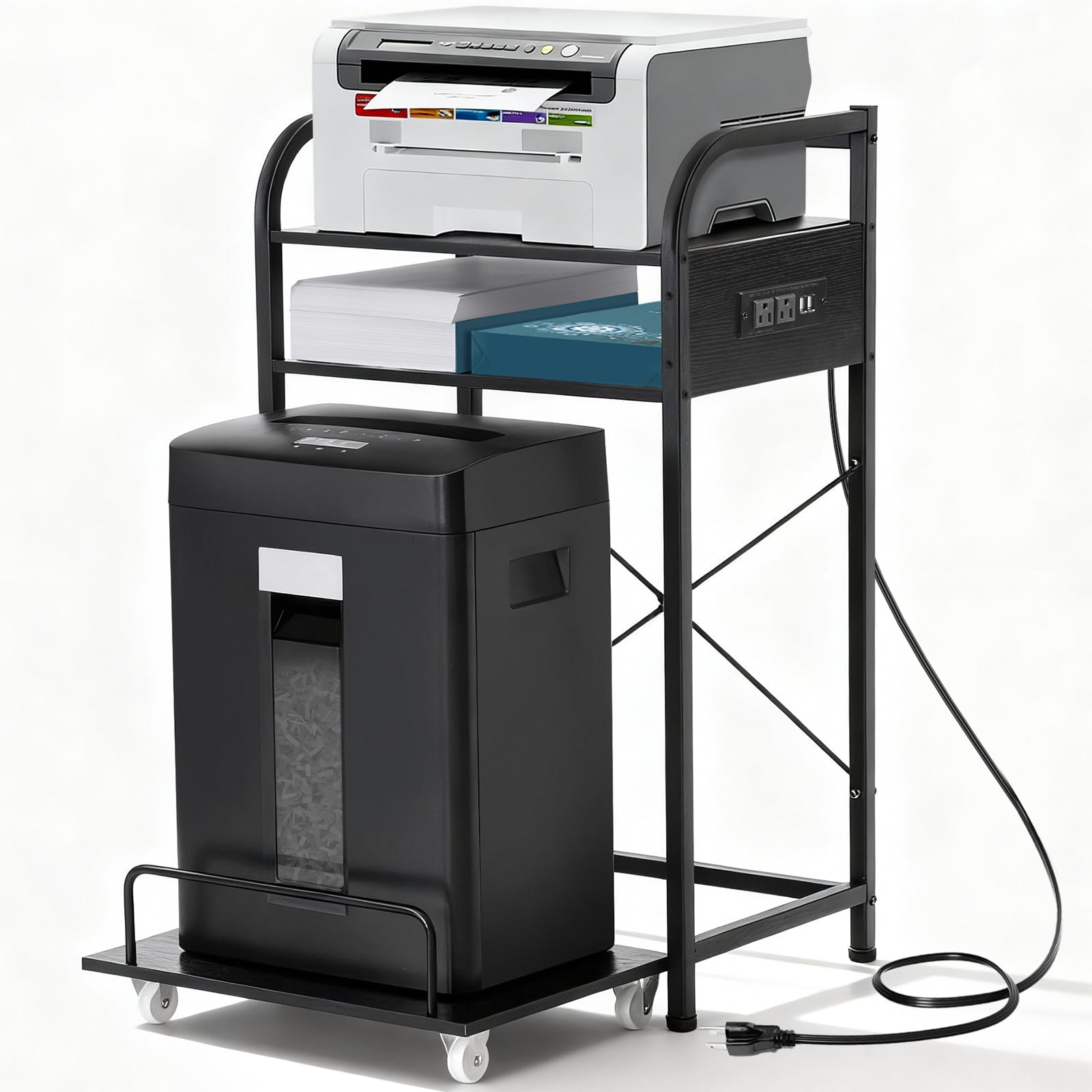 3-Tier Printer and Shredder Stand with Pull Out Shelf, 20" L x 14" W x 34" H Floor-Standing Printer Shredder Stand with Power Outlet, Printer Stand with Shredder Storage, Office Storage Rack
