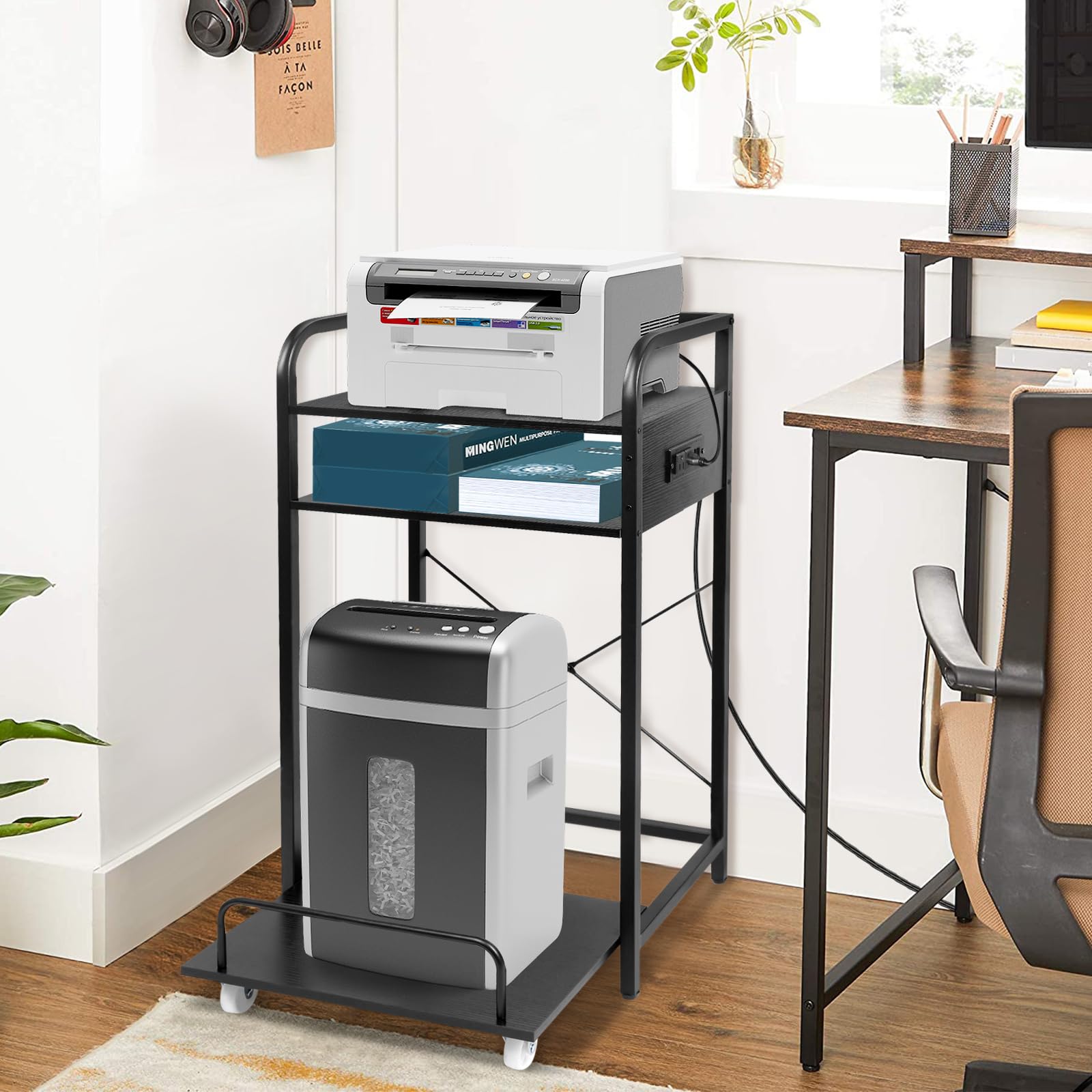 3-Tier Printer and Shredder Stand with Pull Out Shelf, 20" L x 14" W x 34" H Floor-Standing Printer Shredder Stand with Power Outlet, Printer Stand with Shredder Storage, Office Storage Rack